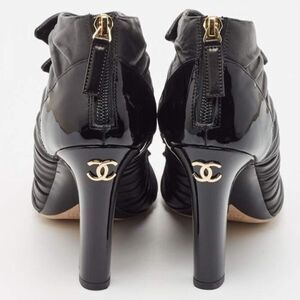CHANEL Black Pleated Knotted Bow Detail Open Toe Ankle Booties Size EU38